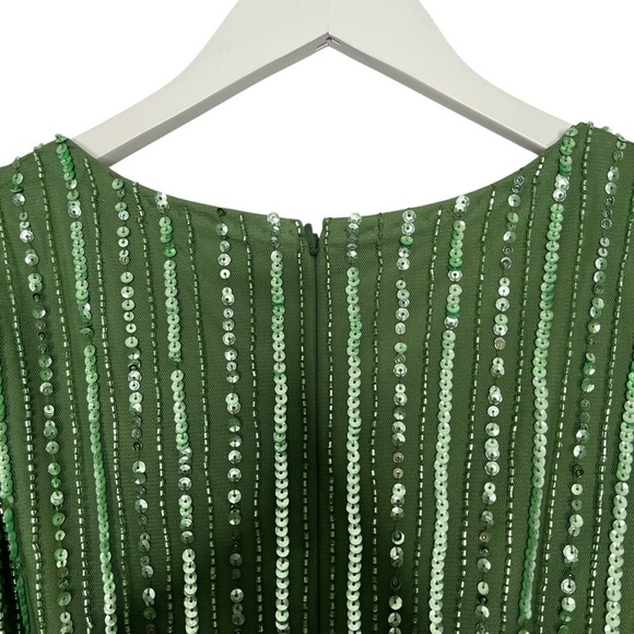 Mac Duggal Sequined Wrap Over Cap Sleeve Ruffle Hem Dress Sage Size 6 NEW - Picture 13 of 15